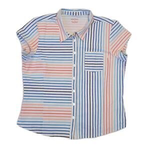 KINONA Striped It Golf Shirt XL Snap Front Italian Fabric Cap Sleeve White Multi